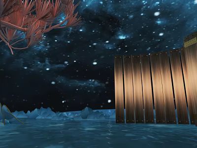 Red Branch-like Forms Over Deep Blue Starry Sky With Wooden Fence Water Surface And Icebergs 3d model