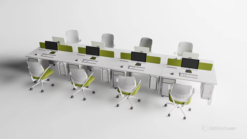 Modern Office Workstation With Multiple White Desks Ergonomic Chairs And Computer Monitors 3d model 