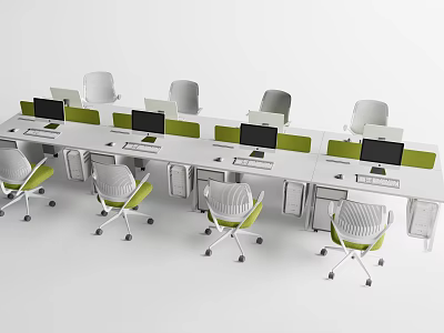 Modern Office Workstation With Multiple White Desks Ergonomic Chairs And Computer Monitors 3d model