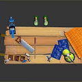 Functional Workbench with Tools Green Lamp Paint Cans Wooden Crate and Blue Mat