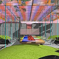 Modern Outdoor Pergola With Colorful Canopy Green Plants And Seating Area