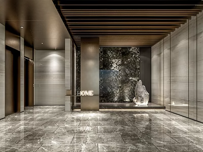 Modern Reception Area With Marble Flooring Wooden Ceiling Stone Wall HOME Sign And Sculpture 3d model