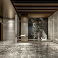 Modern Reception Area With Marble Flooring Wooden Ceiling Stone Wall HOME Sign And Sculpture