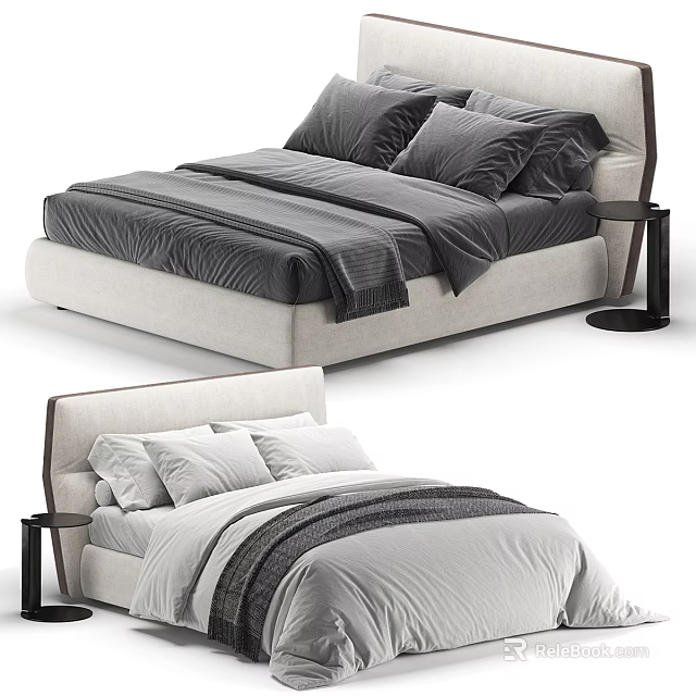 Modern Double Bed With Gray Bedspread White Pillows And Black Nightstand 3d model