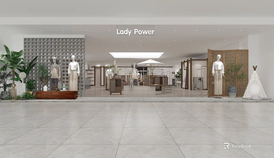 Lady Power Clothing Store Modern Interior With Mannequins Display Racks And Decorative Plants 3d model 