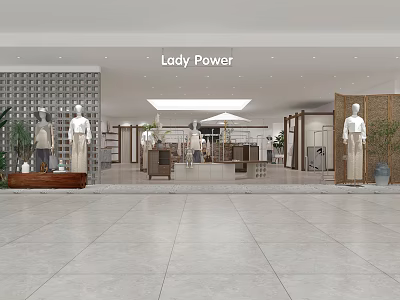 Lady Power Clothing Store Modern Interior With Mannequins Display Racks And Decorative Plants 3d model