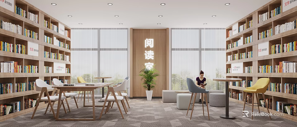 Modern Living Room With Reading Area Bookshelves And Large Windows 3d model 