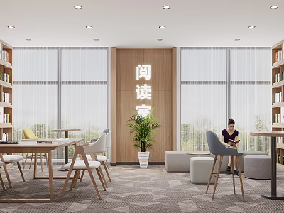 Modern Living Room With Reading Area Bookshelves And Large Windows 3d model
