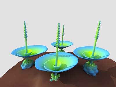 Cartoon Scene With Four Flower Shaped Objects Blue Base Blue Green Petals Green Spiral Stamens 3d model