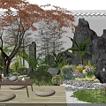 Lush Courtyard Garden with Red Maple Tree Bamboo Rockery Waterfall Stone Table and Green Plants