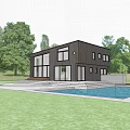 Modern Detached Villa Exterior With Swimming Pool Large Windows Terrace And Trees
