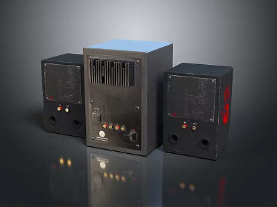 Sleek Black Home Speaker System With Subwoofer Satellite Speakers Red Logo And Interface Panel 3d model