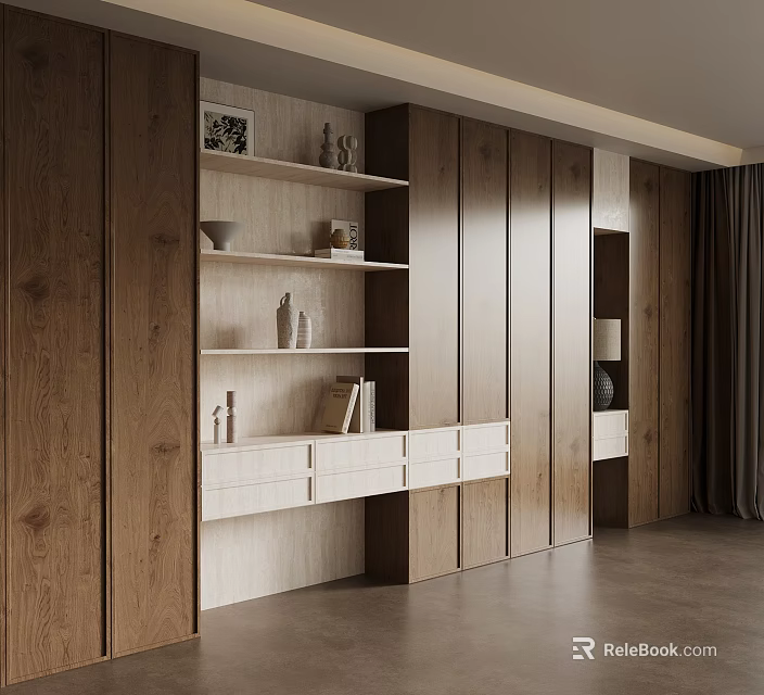 Modern Wooden Bookshelf With Open Shelves Books Decorative Items And Drawers 3d model 