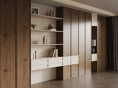 Modern Wooden Bookshelf With Open Shelves Books Decorative Items And Drawers 3d model