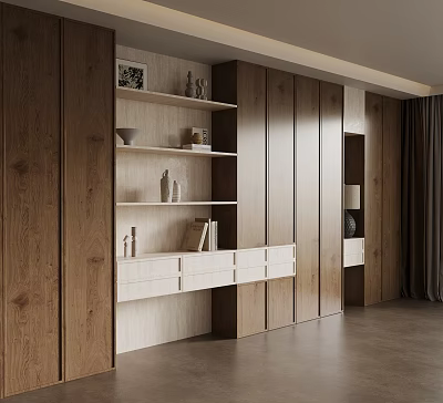 Modern Wooden Bookshelf With Open Shelves Books Decorative Items And Drawers 3d model