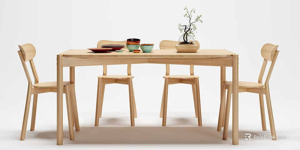 Natural Wood Dining Table Set With Bowls Plates And Small Potted Plant 3d model 