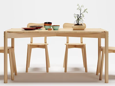 Natural Wood Dining Table Set With Bowls Plates And Small Potted Plant 3d model