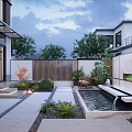 Modern Courtyard Garden Design With Stone Path Pool Plants And Wooden Chair Lighting