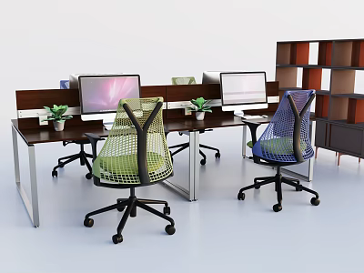 Modern Office Desk Setup With Computers Ergonomic Chairs And Potted Plants 3d model