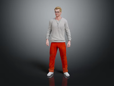 Game Movie Character Wearing Gray Long Sleeve Shirt Orange Pants White Shoes 3d model Game Movie Character Wearing Gray Long Sleeve Shirt Orange Pants White Shoes 3d model