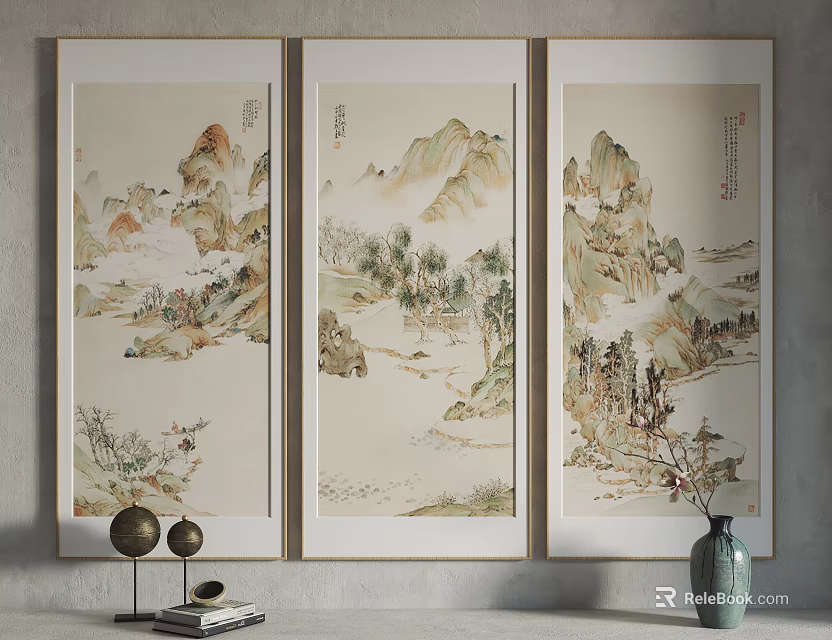 Three Panel Chinese Landscape Paintings With Mountains Rivers Trees And Figures 3d model