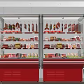 Red Upright Display Freezers with Various Meat Sausages Open Display and Decorative Plants