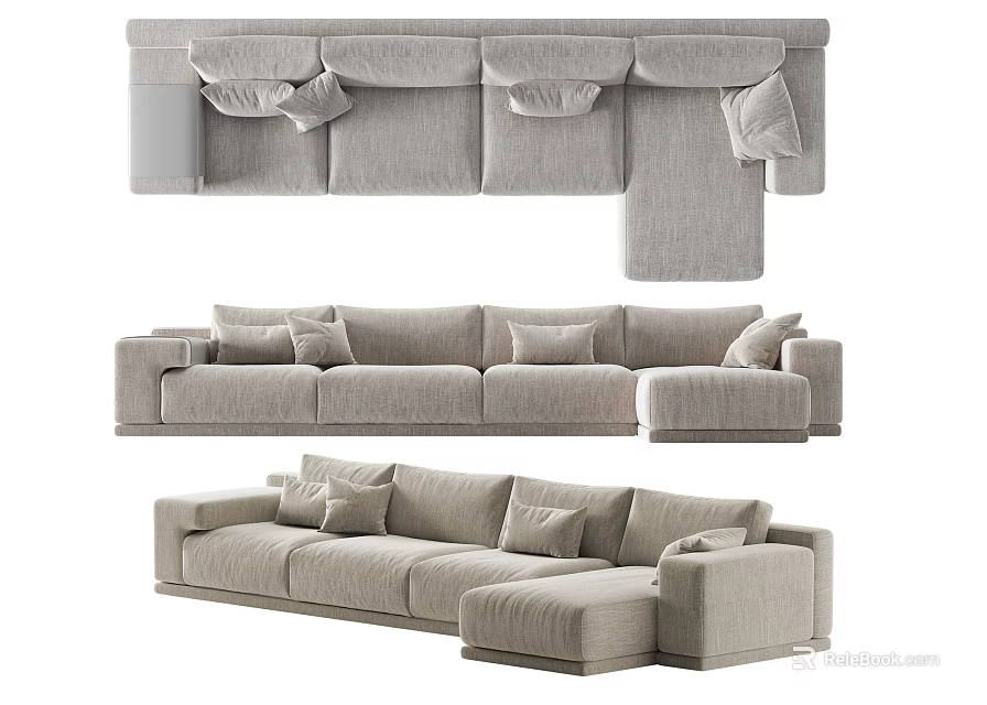 Modern Sectional Sofa With Neutral Linen Fabric Plush Pillows And Modular Design 3d model