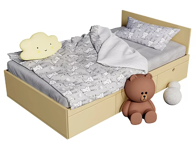 Kids Bed With Light Yellow Frame Bear Pattern Bedding And Brown Teddy Bear 3d model
