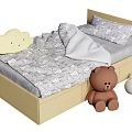 Kids Bed With Light Yellow Frame Bear Pattern Bedding And Brown Teddy Bear