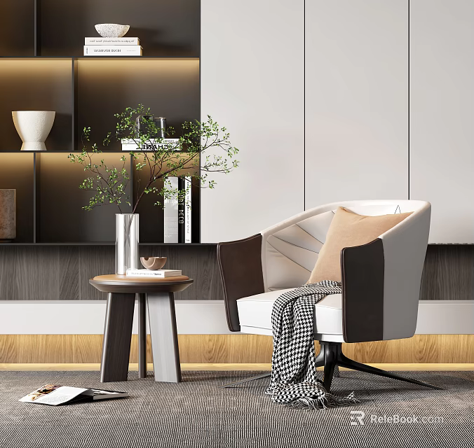 Modern Single Seater Sofa With Side Table Vase Green Plant And Throw Blanket 3d model 