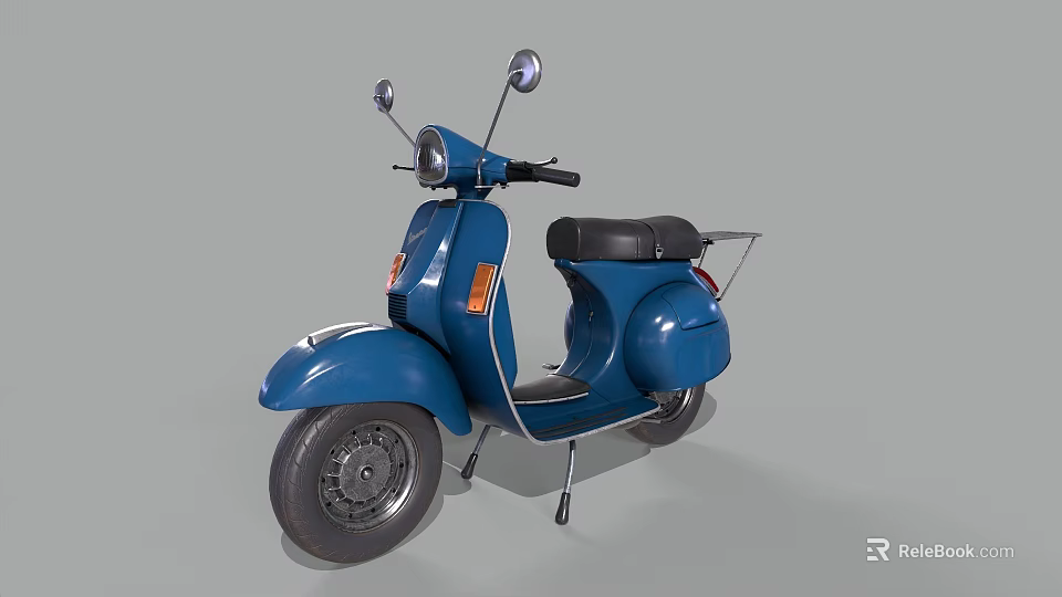 Blue Classic Scooter Motorcycle With Black Seat Silver Mirrors And Retro Design 3d model 