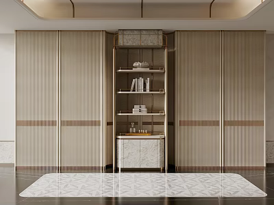 Elegant Modern Wine Cabinet Interior With Vertical Wooden Slats And Marble Countertop 3d model