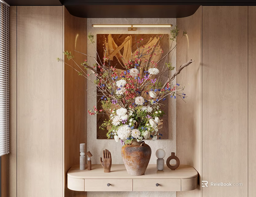 Mixed White Pink Purple Flowers In Terracotta Vase On Wooden Cabinet With Decorations And Abstract Art 3d model 