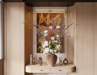 Mixed White Pink Purple Flowers In Terracotta Vase On Wooden Cabinet With Decorations And Abstract Art 3d model