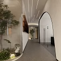 Modern Reception Area Front Desk With Marble Counter Logo Wall Circular Pendant Lights And Plants