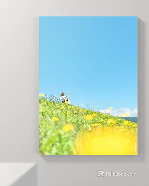 Scenic Landscape Painting With Green Meadow Yellow Flowers Blue Sky And Distant Mountains 3d model 