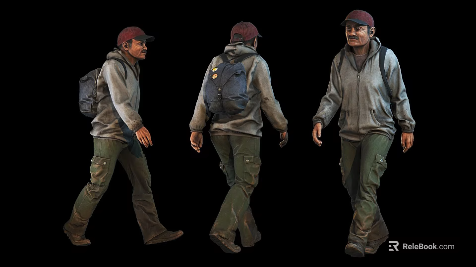 Man Wearing Gray Hoodie Green Cargo Pants Black Backpack Red Cap Back And Front Views 3d model 