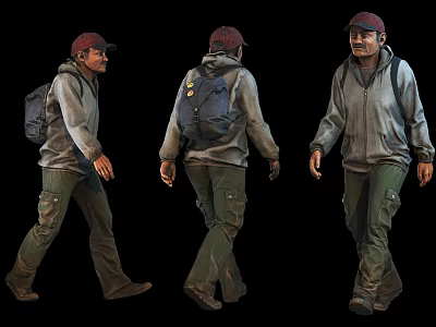 Man Wearing Gray Hoodie Green Cargo Pants Black Backpack Red Cap Back And Front Views 3d model