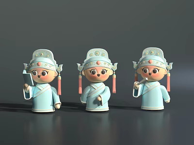 Traditional Chinese Style Furniture With Light Blue Cultural Figurine Decorations 3d model