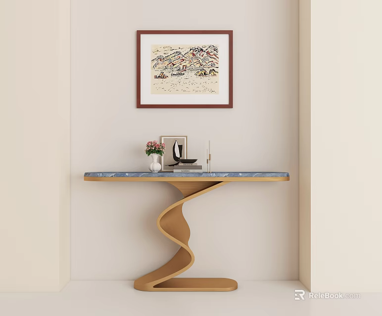 Modern Console Table With Wooden Spiral Base Blue Marble Top Decorative Items And Framed Artwork 3d model 