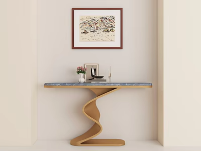 Modern Console Table With Wooden Spiral Base Blue Marble Top Decorative Items And Framed Artwork 3d model