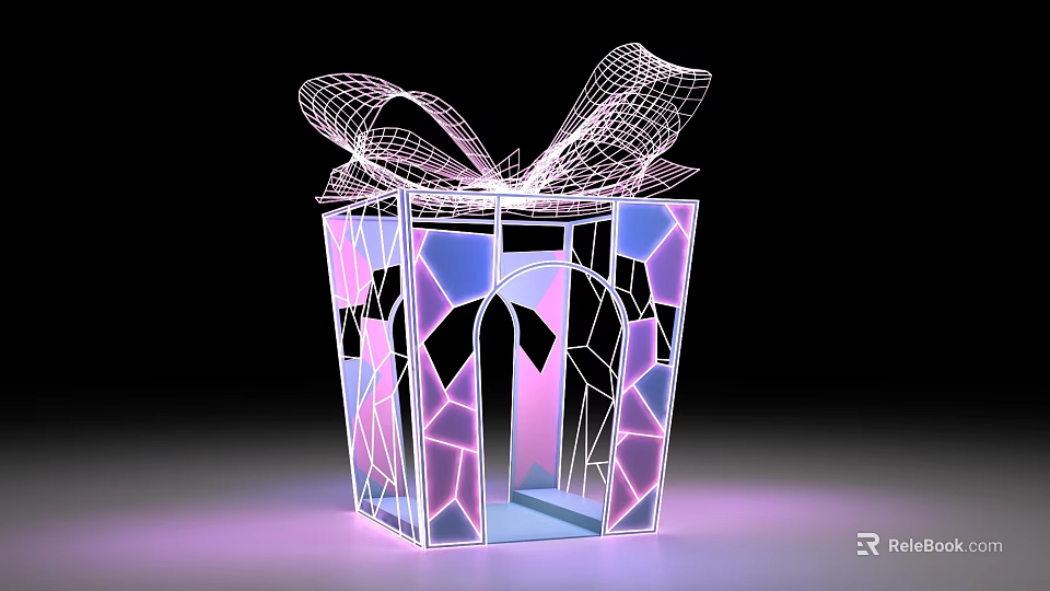 Illuminated Gift Box Art Installation With Wireframe Bow Purple Pink Lighting And Geometric Patterns 3d model 