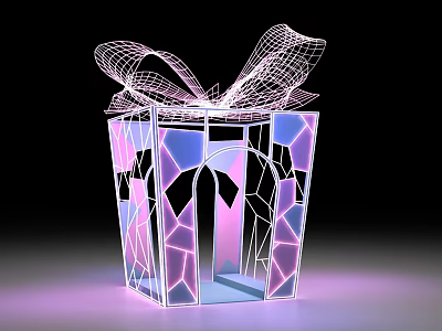 Illuminated Gift Box Art Installation With Wireframe Bow Purple Pink Lighting And Geometric Patterns 3d model