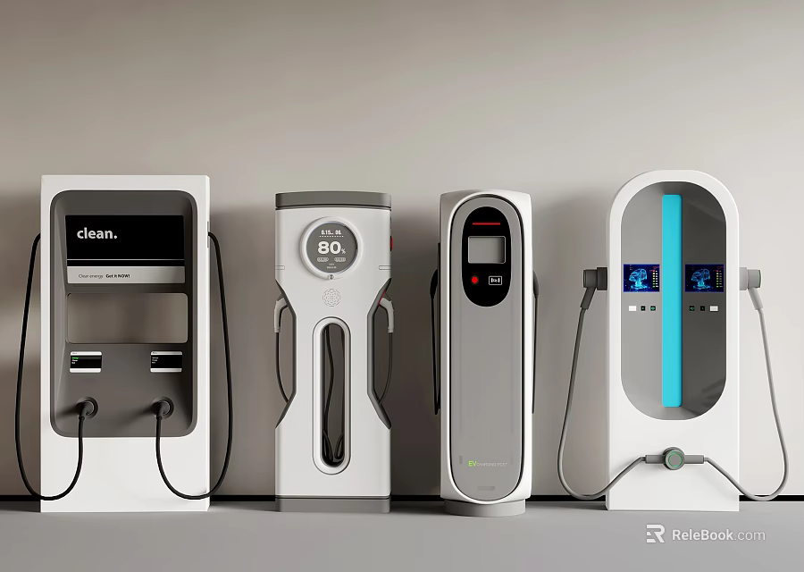 Modern Electric Vehicle Charging Stations With Various Designs And Digital Screens 3d model 