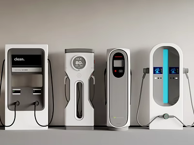 Modern Electric Vehicle Charging Stations With Various Designs And Digital Screens 3d model