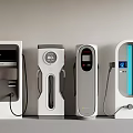 Modern Electric Vehicle Charging Stations With Various Designs And Digital Screens