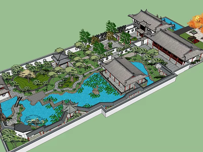 Ancient Architecture Traditional Chinese Garden Design With Pond Pavilions And Courtyard Layout 3d model