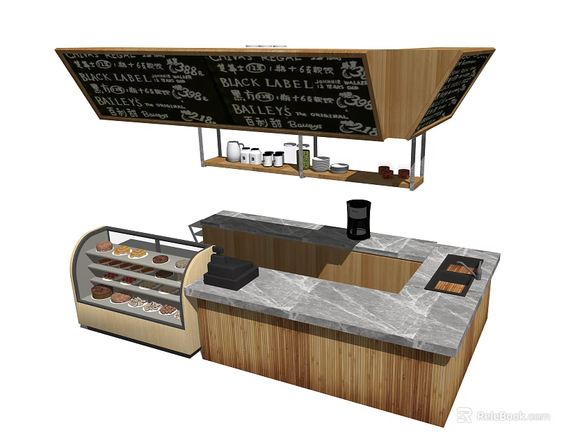 Modern Bakery Reception Counter With Marble Top Pastry Display Case And Chalkboard Menu 3d model 