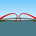 Red Arch Bridge With Modern Cable Structure And Water Reflection By Lake Trees