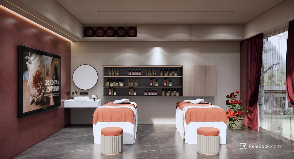 Serene SPA Treatment Room With Massage Beds Orange Linens And Skincare Product Shelves 3d model 